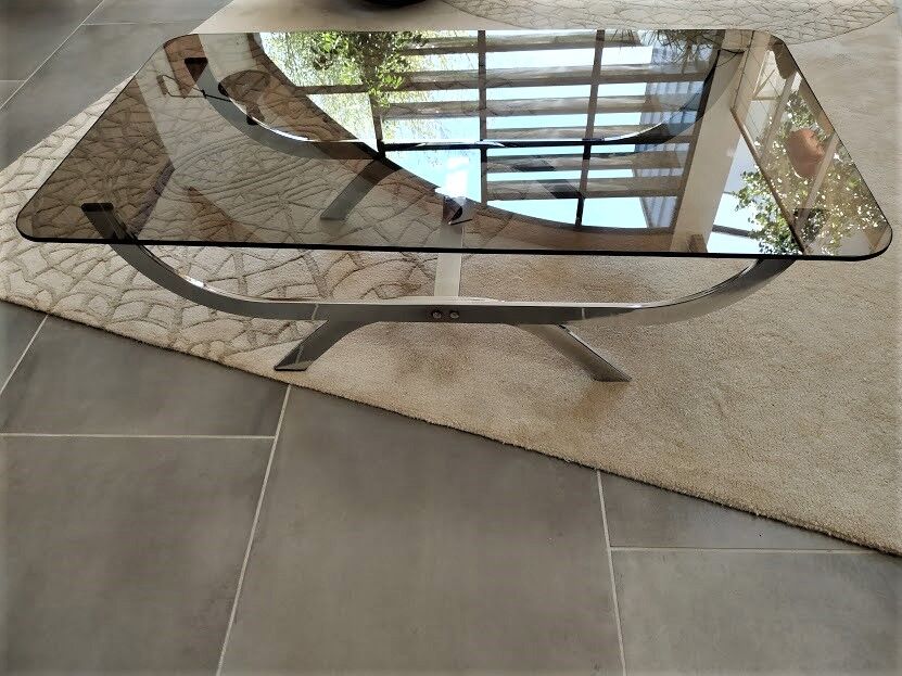 Rectangular chrome metal coffee table and 70s smoked glass