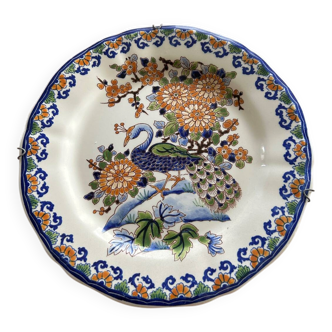 Round plate, iron earth, Gien, Peacock.