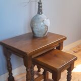 2 solid wood trundle tables, turned legs 80