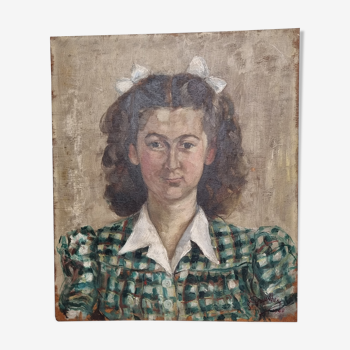 Huile sur panneau de bois, portrait de jeune fille signé, 1945