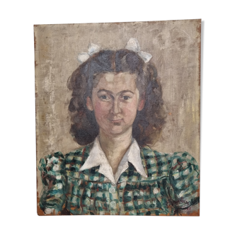 Oil on wood panel, portrait of a young girl signed, 1945