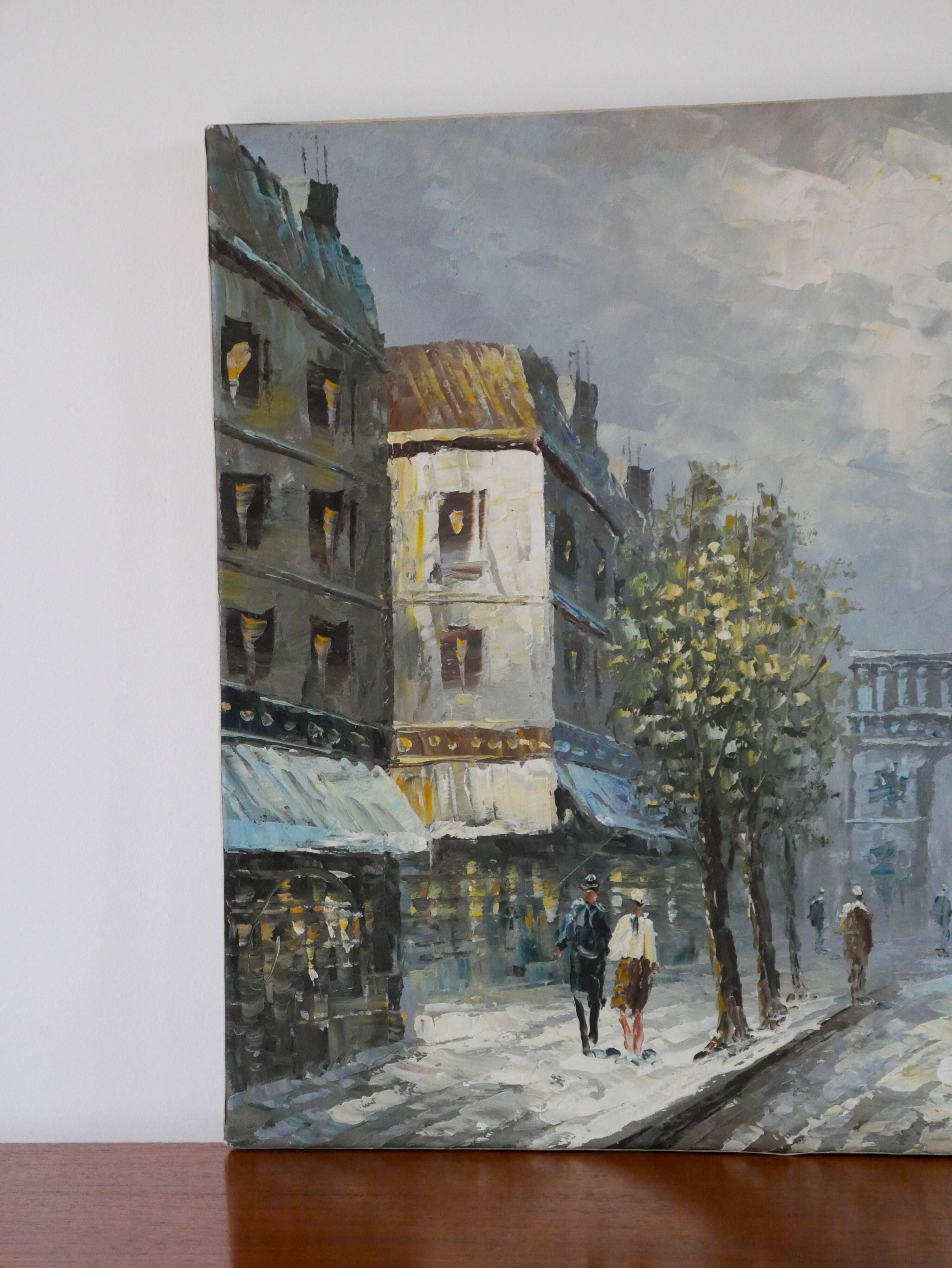 painting / oil on canvas streets of Paris under the snow vintage
