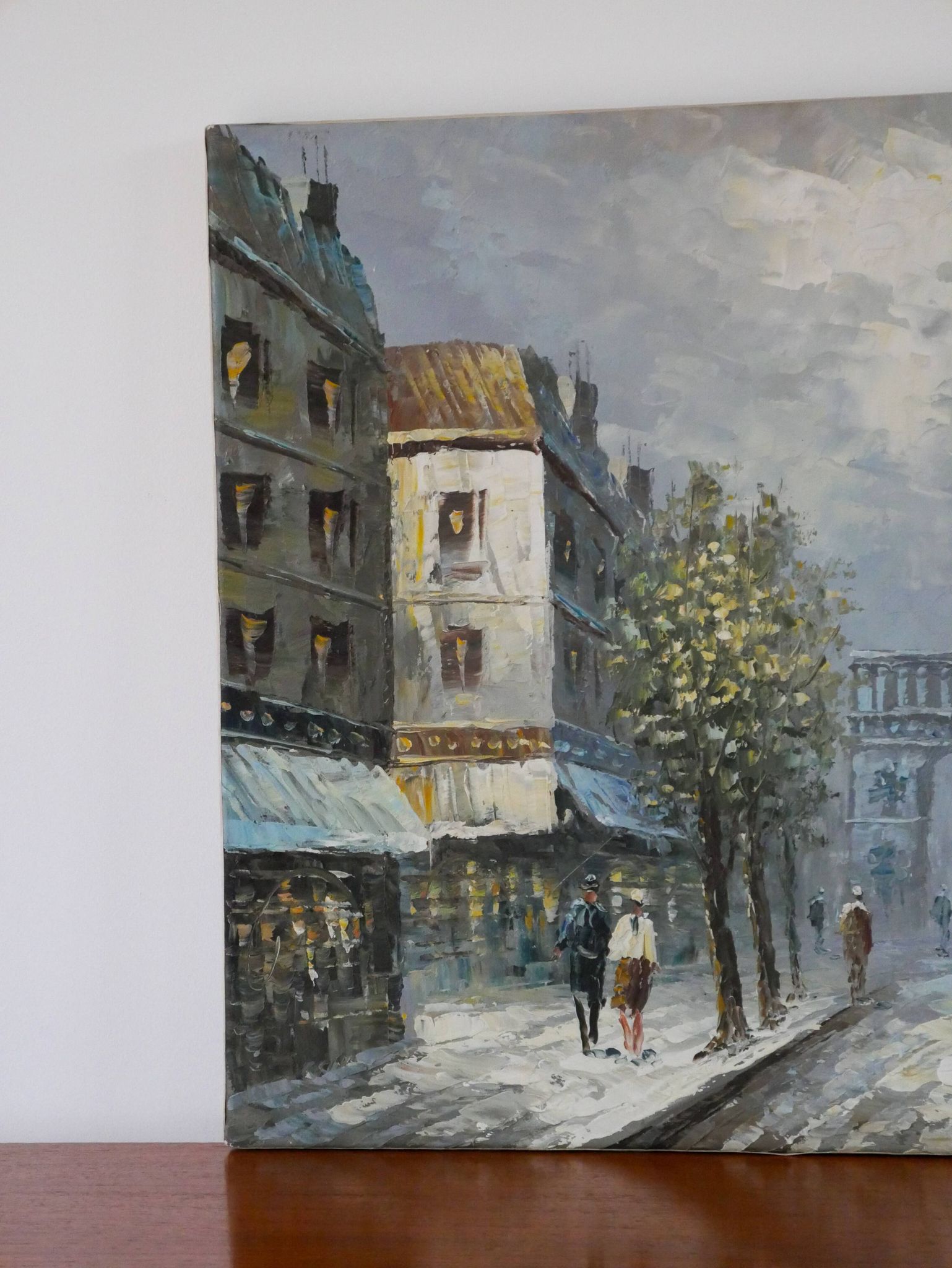 painting / oil on canvas streets of Paris under the snow vintage