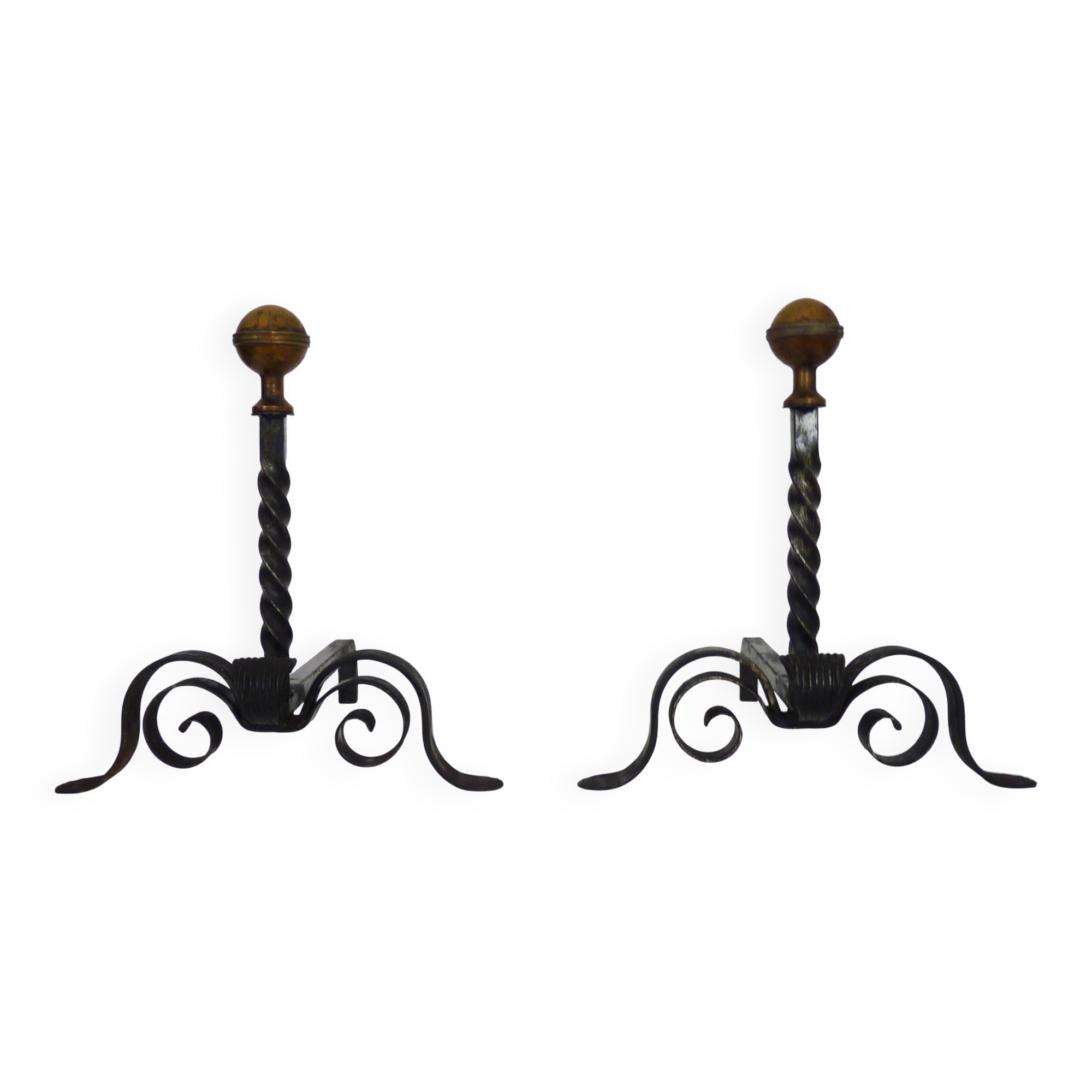 Large pair of wrought iron and brass ball fireplace andirons. 19th century