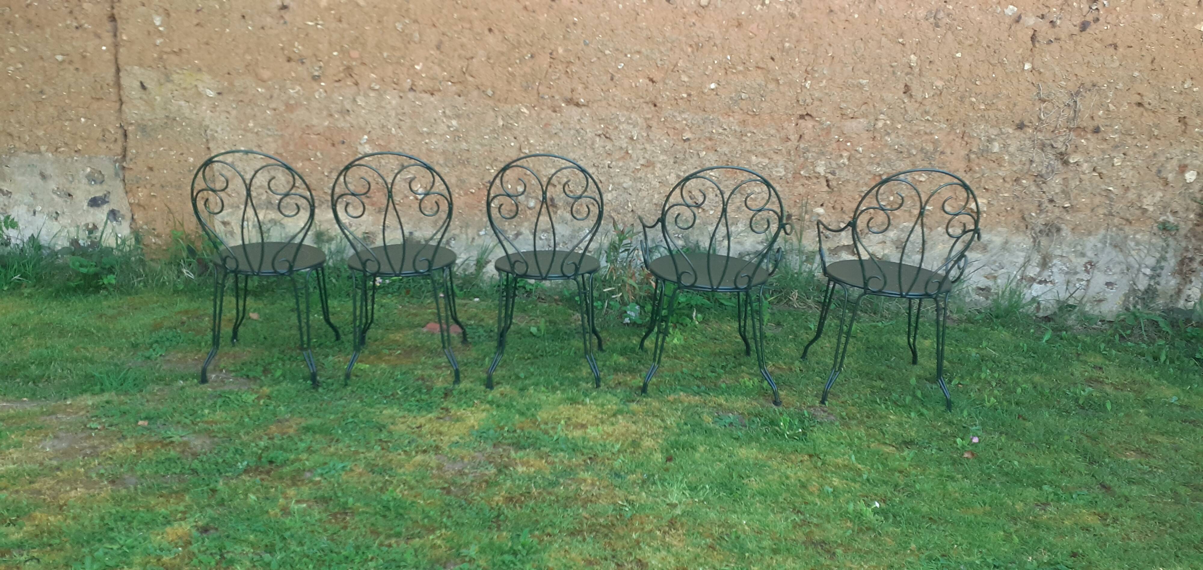 Salon de jardin 1 table 2 fauteuils 3 chaises fer forgé vert wagon