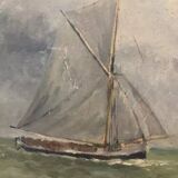 Peinture à l'huile vintage du XIXe siècle représentant un voilier en mer