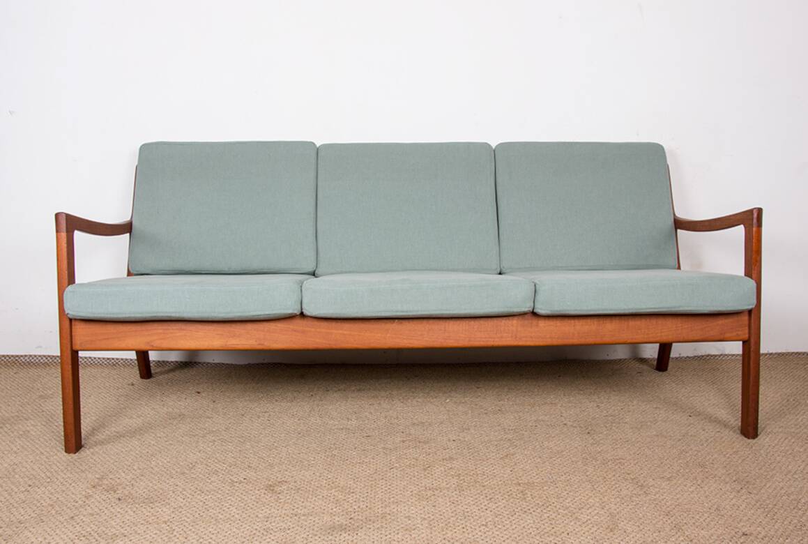 Danish 3-seater sofa in teak and new fabric, Senator model Ole Wanscher, France & Son.