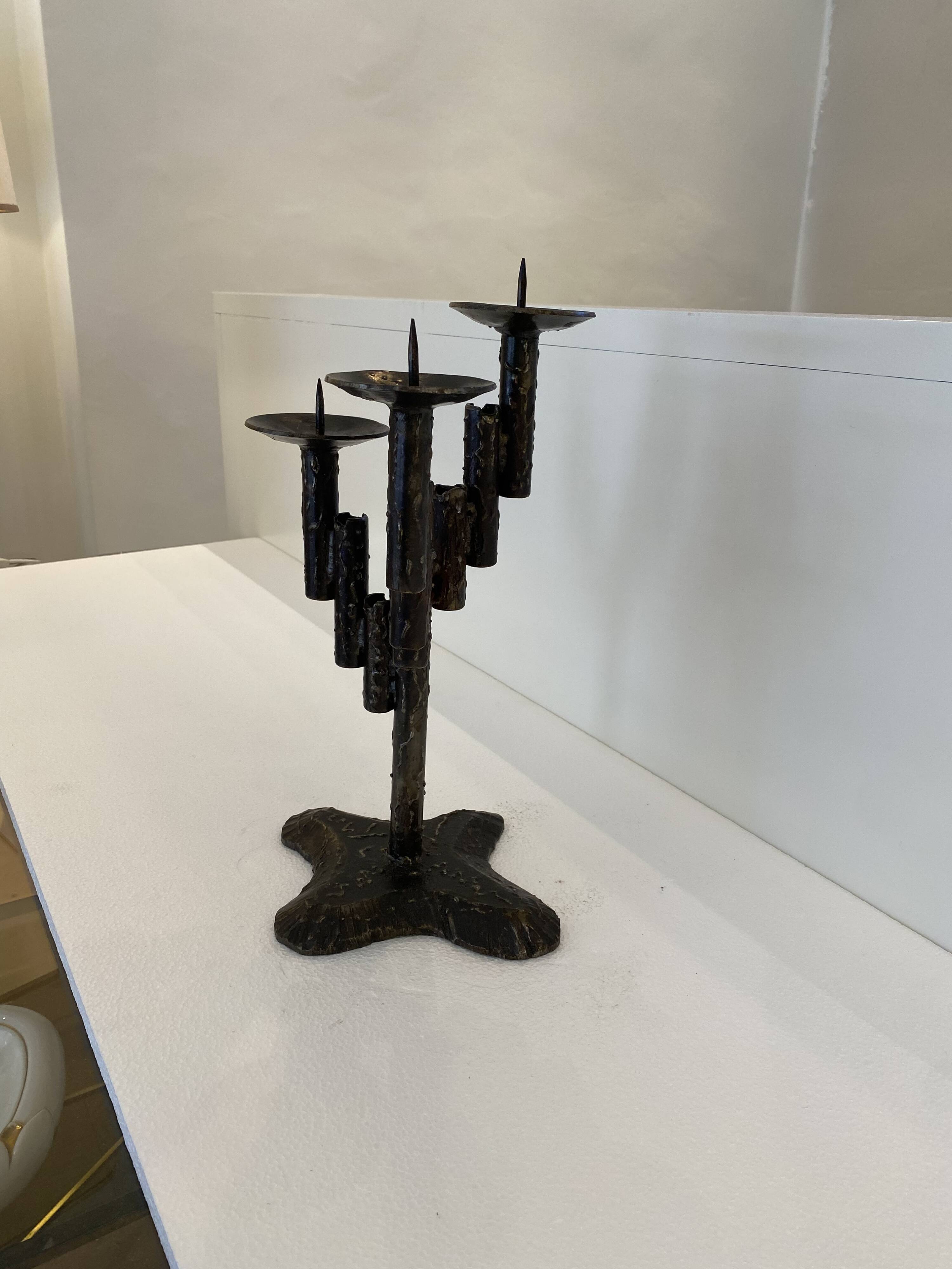 Brutalist Iron Textured Hand Forged Candleholder, Mid-century Modern, 1960s
