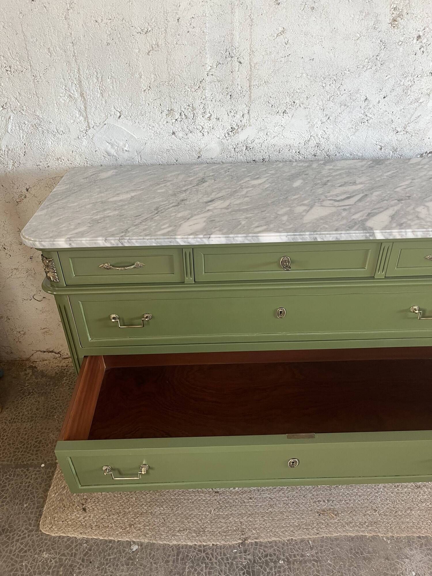 Louis XVI style olive green commode with marble.