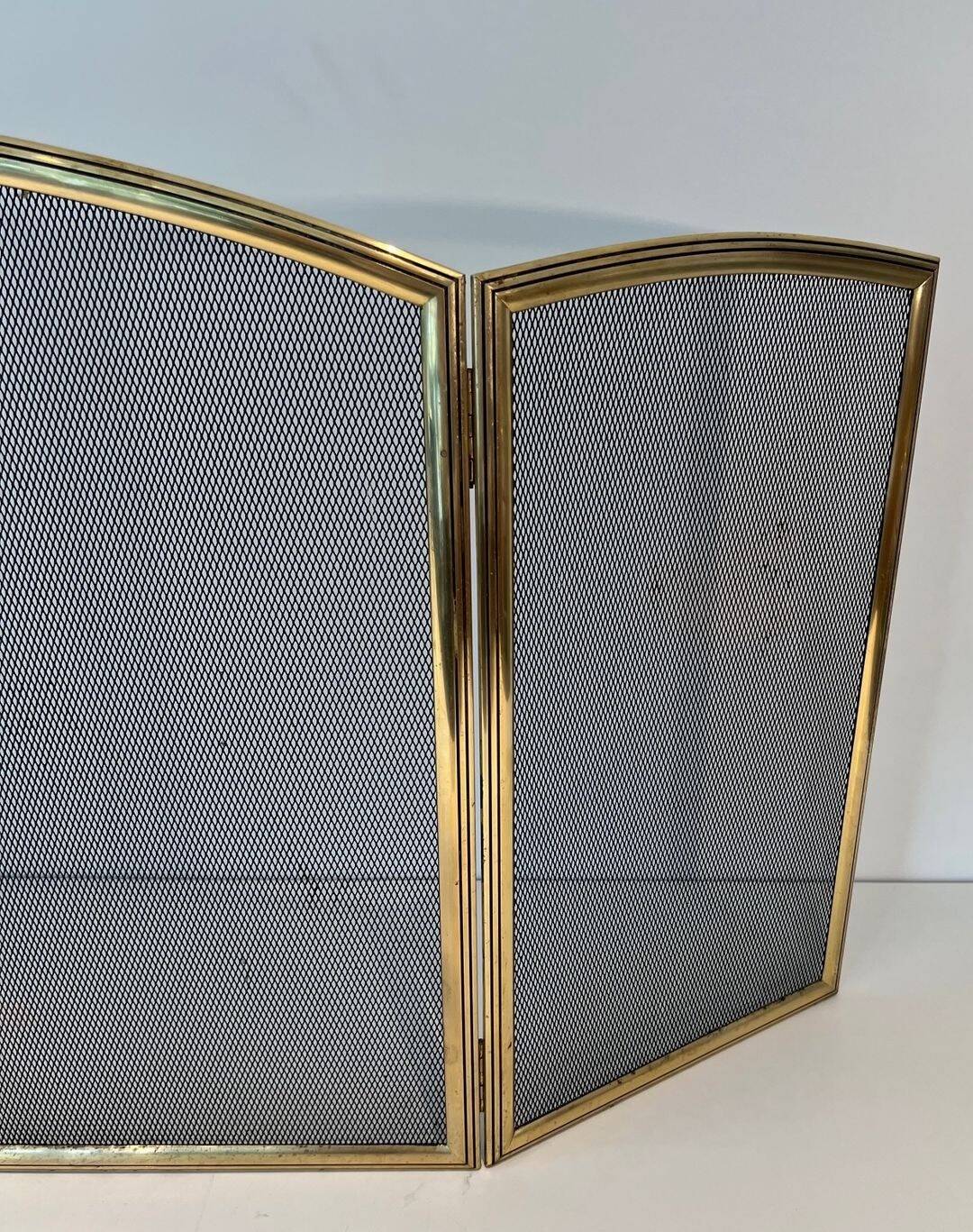 Three-Panel Neoclassical Fire Screen with Wire Mesh and Brass Frame