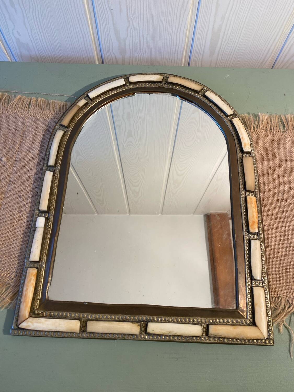 Oriental brass and bone mirror