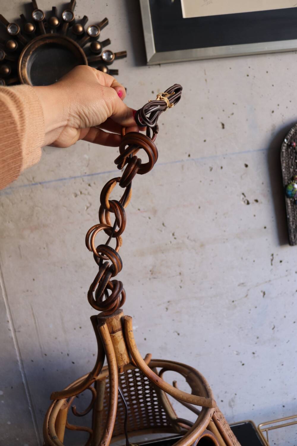 Lustre en rotin et cannage vintage