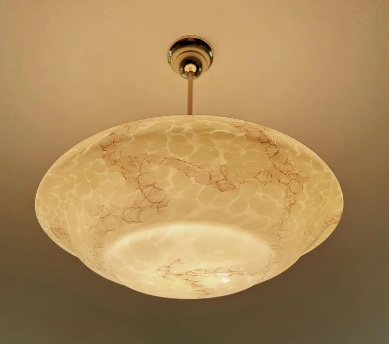 Art Deco Pendant Light, Marble Glass Amber Ivory, Alabaster Style, Vintage Chandelier
