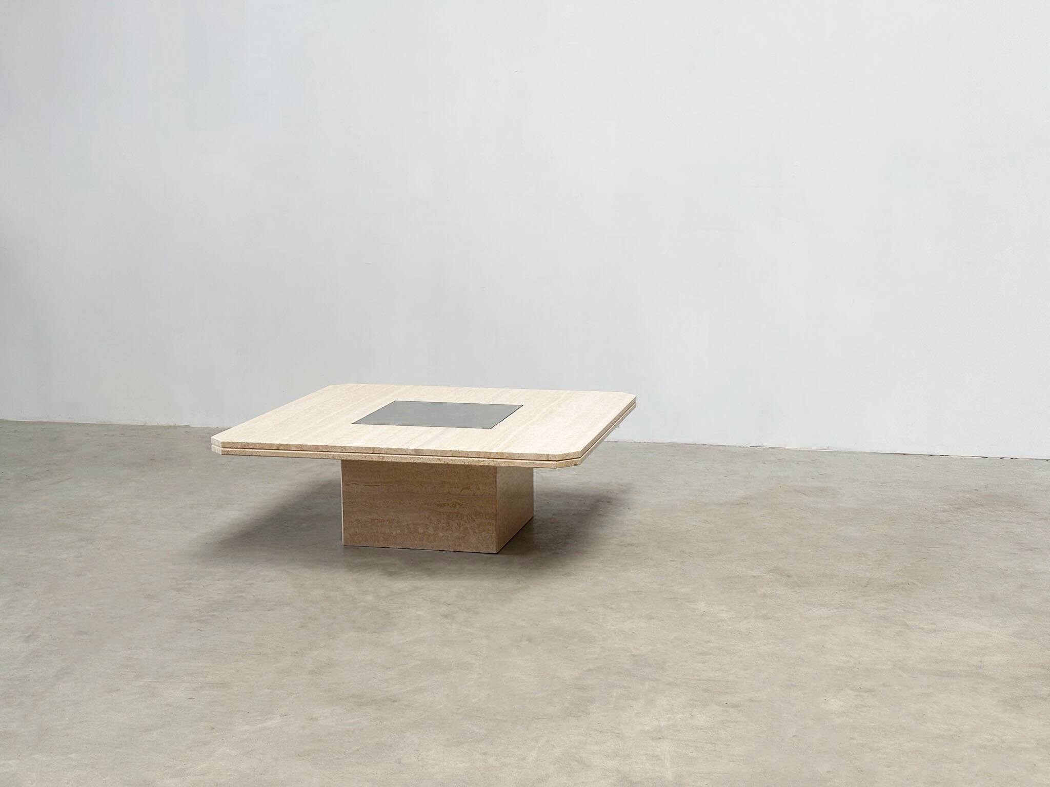 George Mathias square travertine and brass coffee table