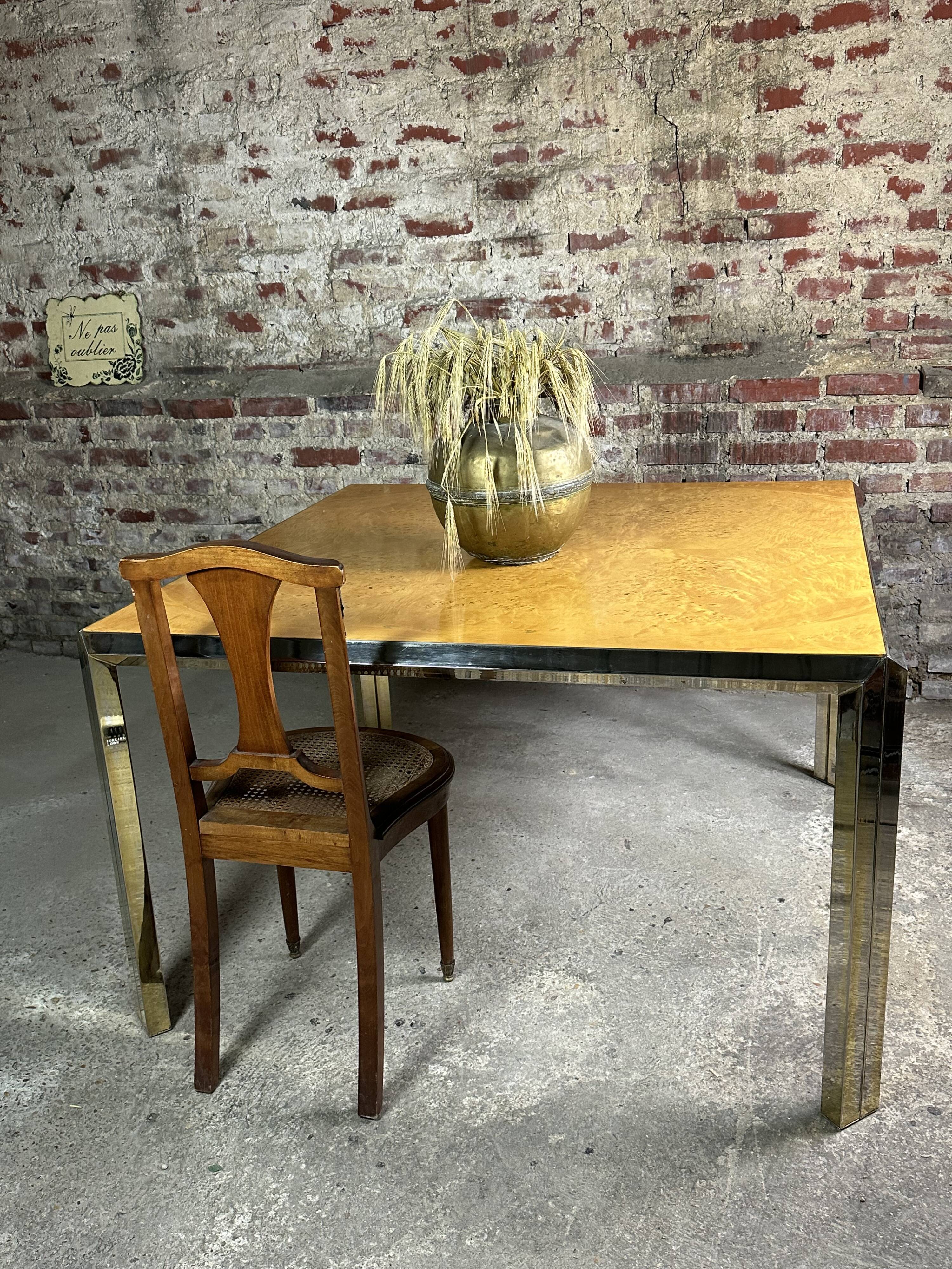 Square table vintage 70 Italian metal moiré and elm magnifying glass