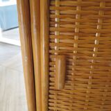 Storage column, bookcase in wood and woven rattan