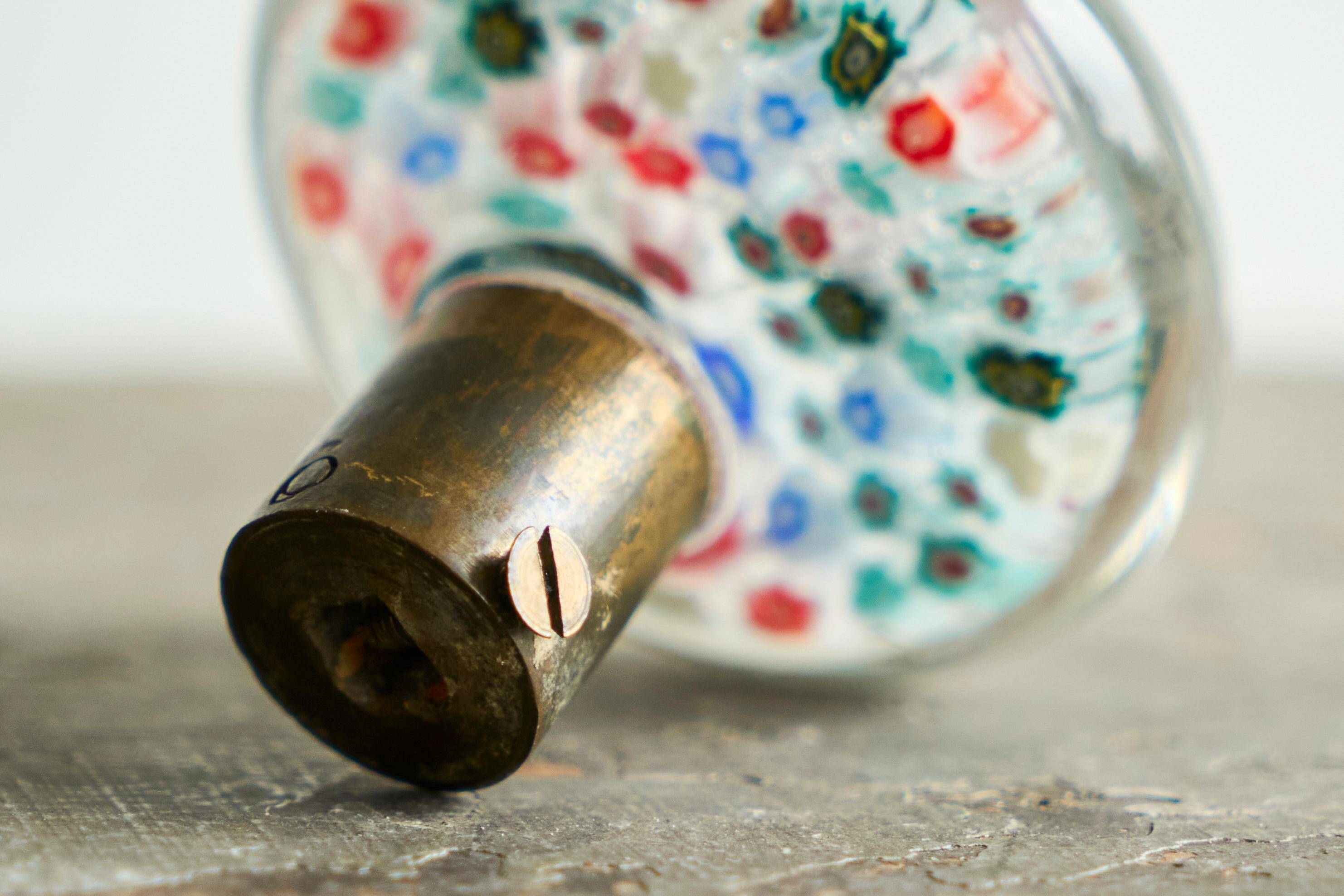 Millefiori glass door knob from Murano and patinated brass, 1960s.