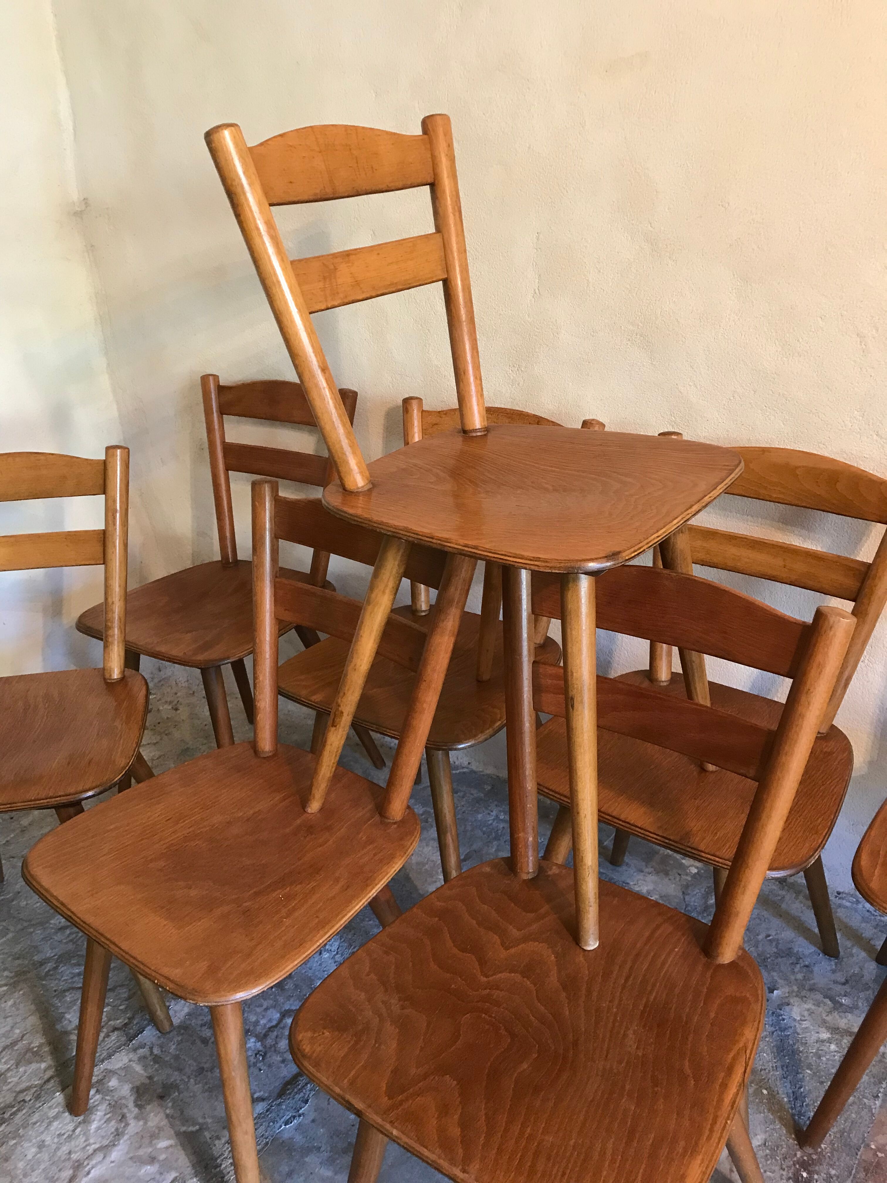 Set of 8 vintage beech chairs compass feet 1960's