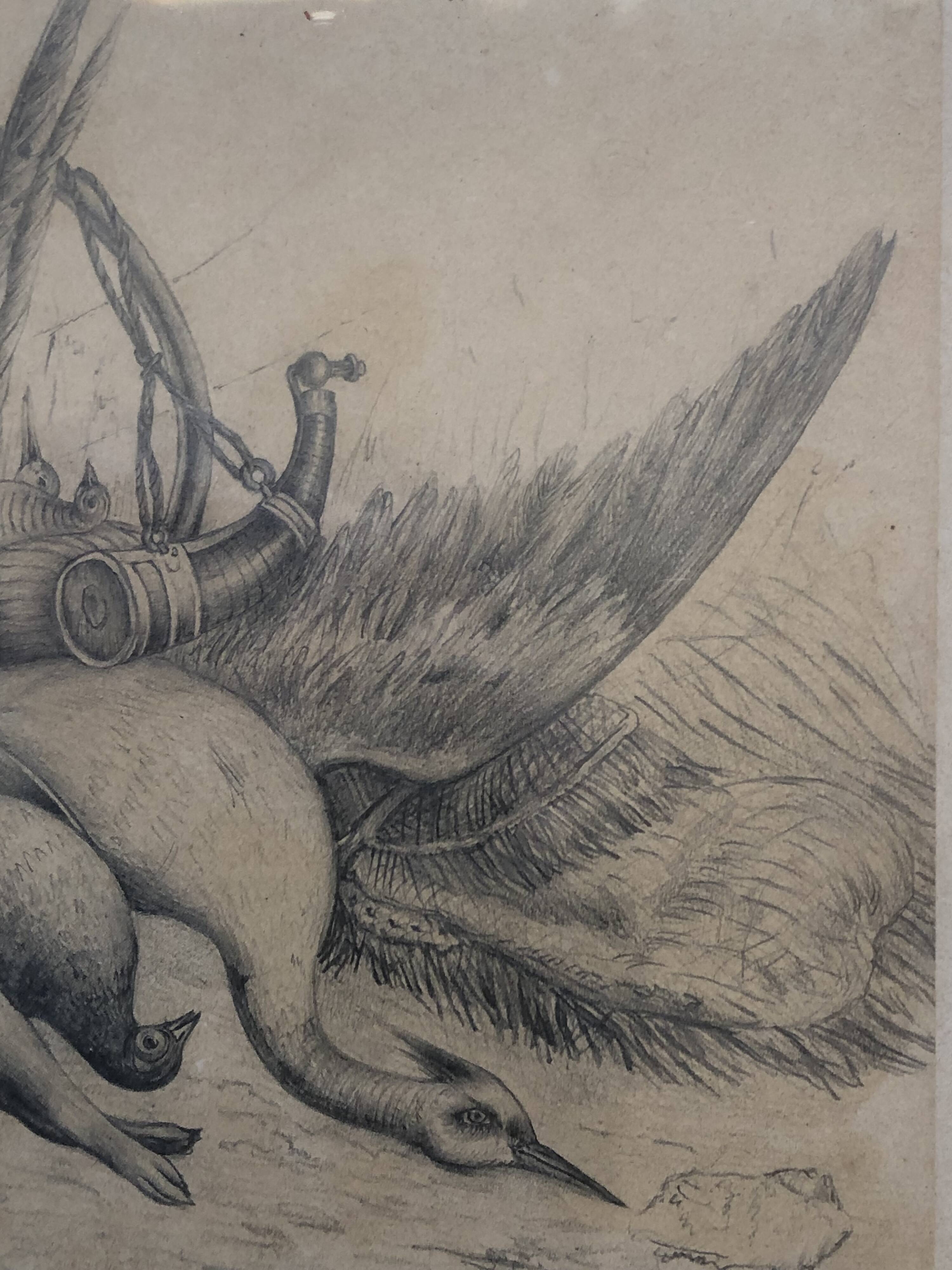 Drawing 1900 lead pencil still life hunting painting game trophy, signed jm, hunter