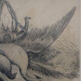 Drawing 1900 lead pencil still life hunting painting game trophy, signed jm, hunter