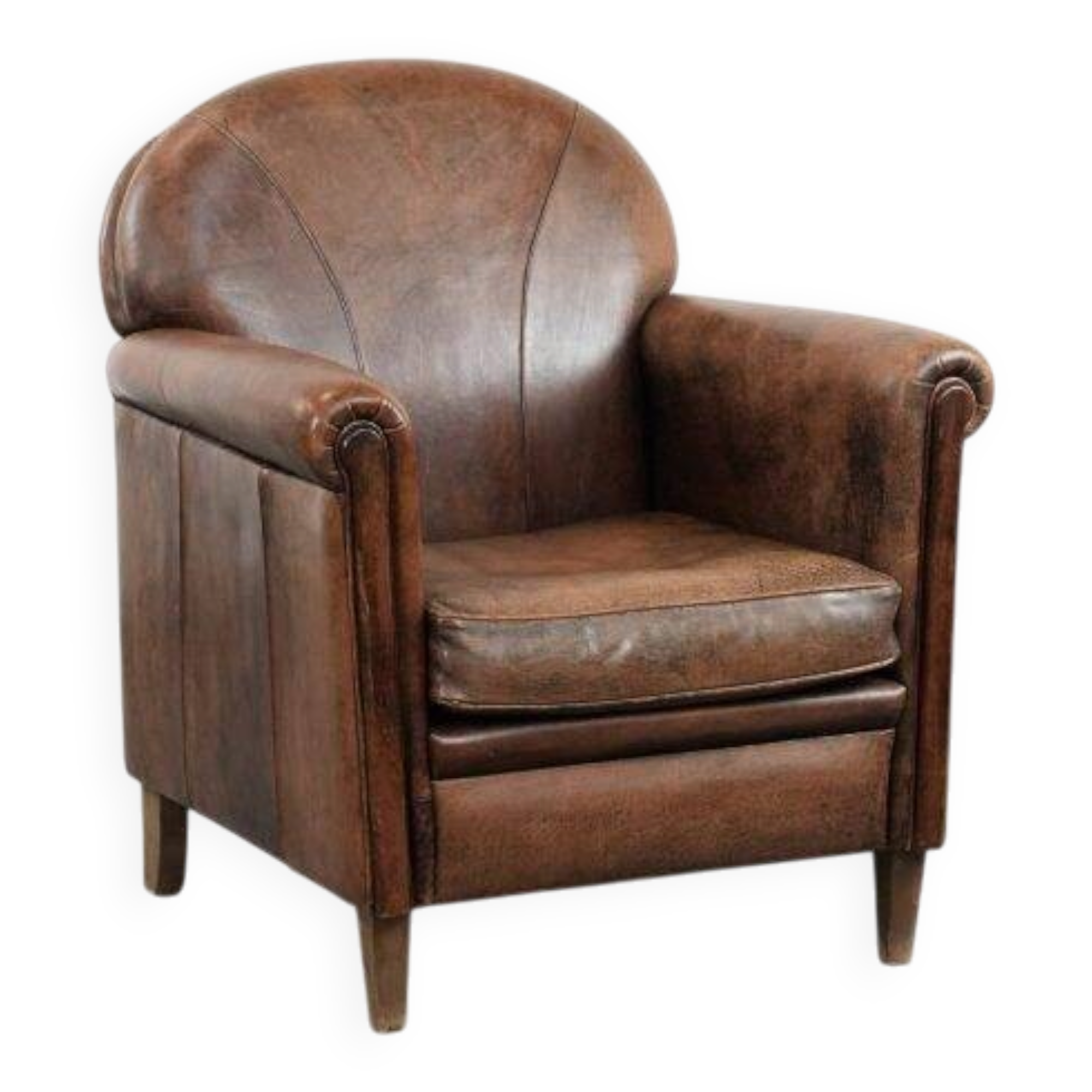 Beautiful vintage sheep leather armchair with a characterful appearance