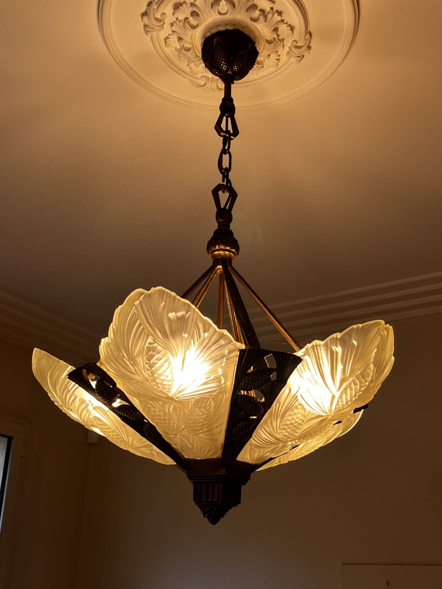 Opaline and brass chandelier