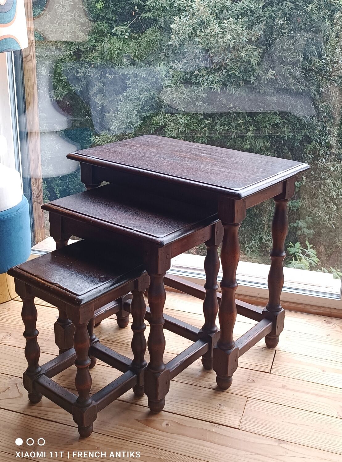 nesting tables made of oak. Turned wooden legs.