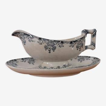 Sauce boat on foot in blue / green iron earth model "Mignon", H & Cie Sarreguemines