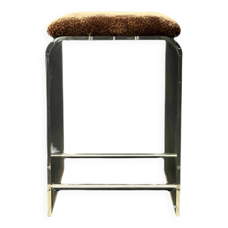 Tabouret de bar en plexiglas, chrome et velours léopard, 1970