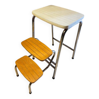 Vintage & Ancien Petit Escabeau Marchepied Tabouret 1970 Formica Bois Chrome