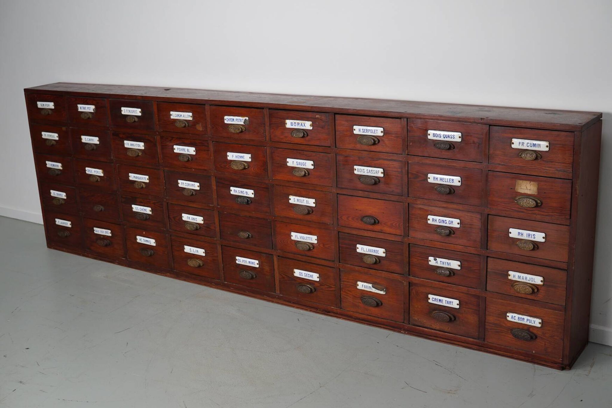 Grand Cabinet d'Apothicaire Antique en Pitch Pine, Belgique, avec Boucliers en Émail, 1900s