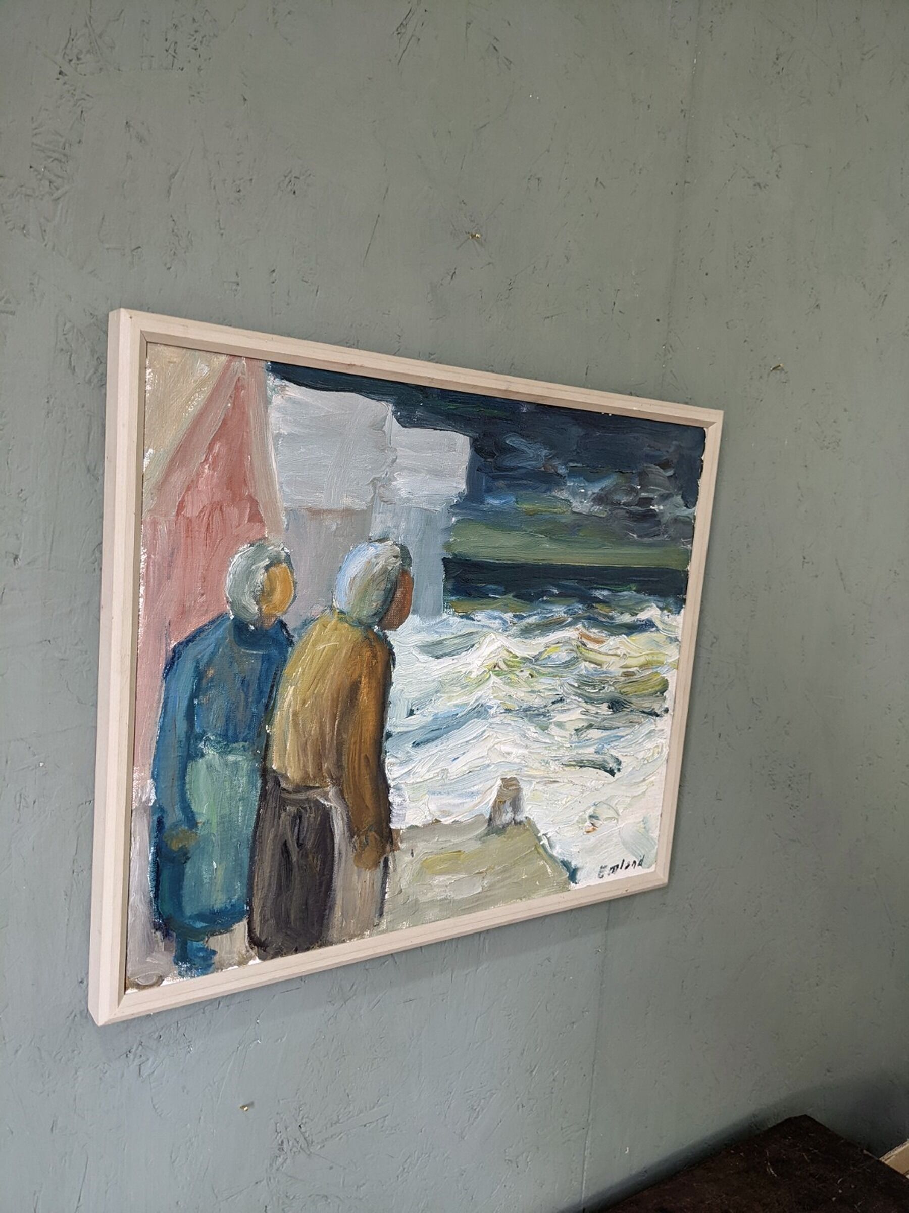 Mid-Century Modern Swedish "Watching the Storm" Vintage Expressive Seascape Oil Painting, Framed