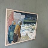 Mid-Century Modern Swedish "Watching the Storm" Vintage Expressive Seascape Oil Painting, Framed