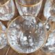 Set of 6 vintage red wine glasses with scrolled drinking rim and gold rim