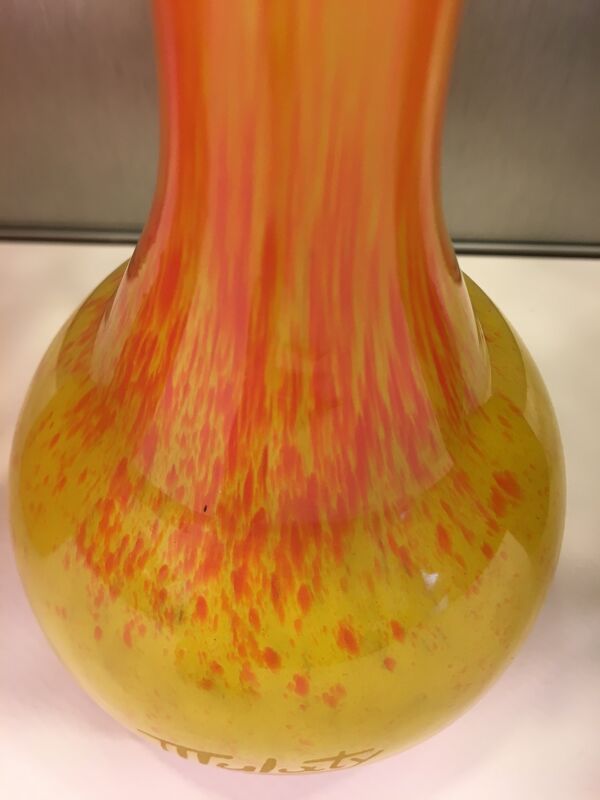 Vase soliflore orange et jaune vintage, signé