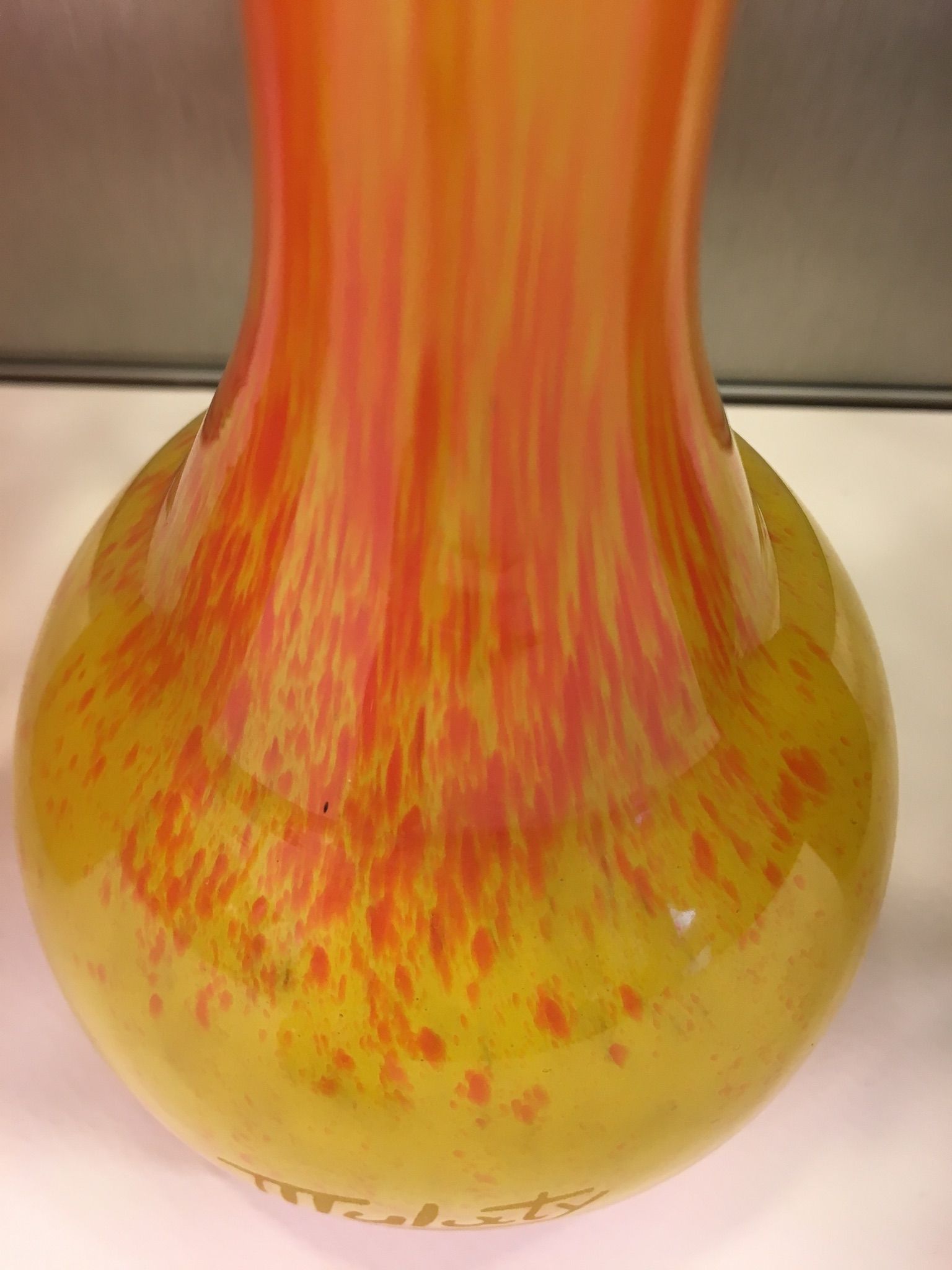 Vintage orange and yellow soliflore vase, signed