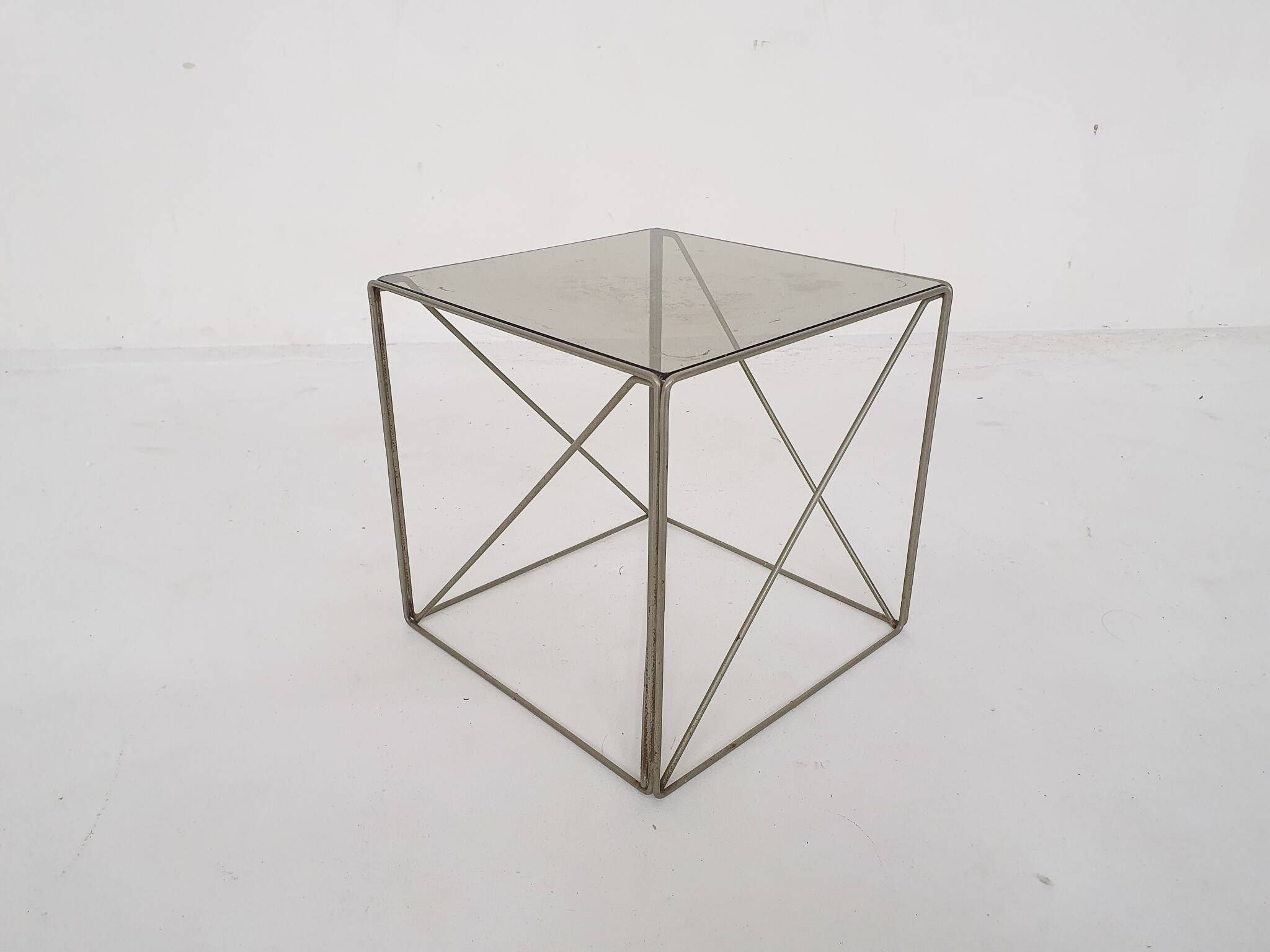 Rare metal and glass side table by Max Sauze, Isocele, France 1960's