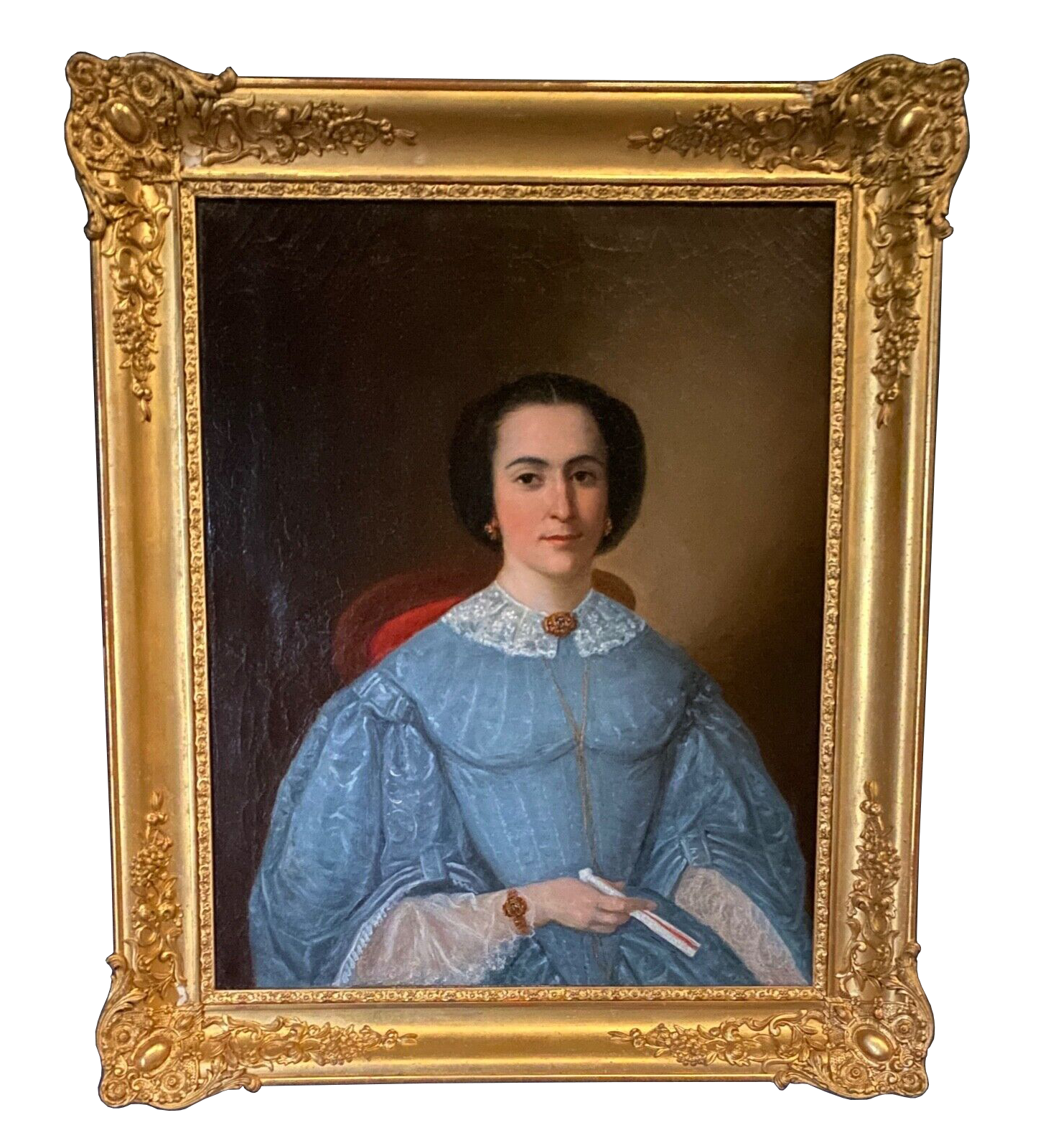 Huile sur toile Portrait de femme en robe bleue et éventail Milieu XIXe