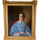 Huile sur toile Portrait de femme en robe bleue et éventail Milieu XIXe