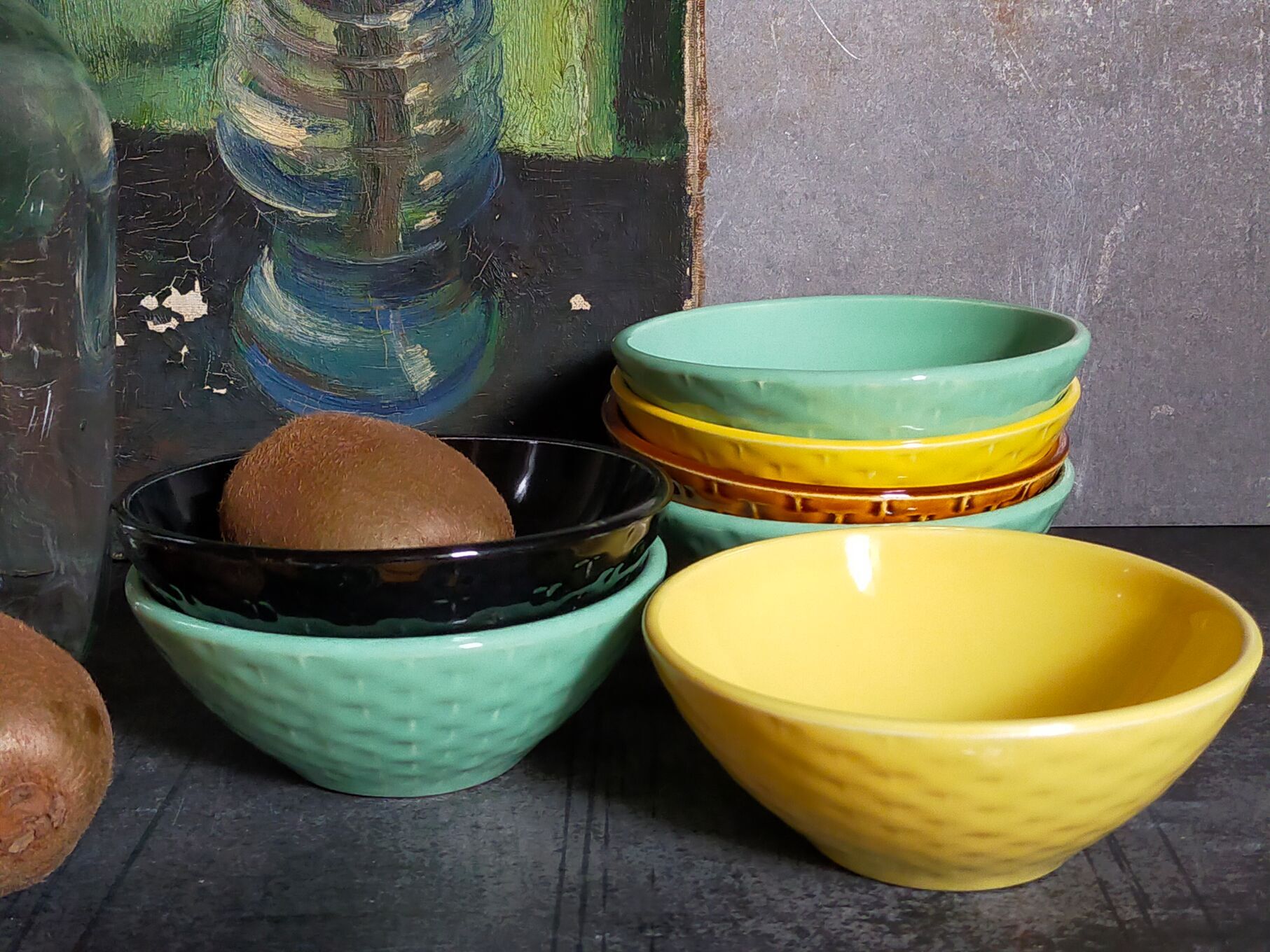 Seven vintage slip ceramic bowls