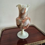Vintage footed vase in white opaline, marbled/marble effect decoration from the 60s.