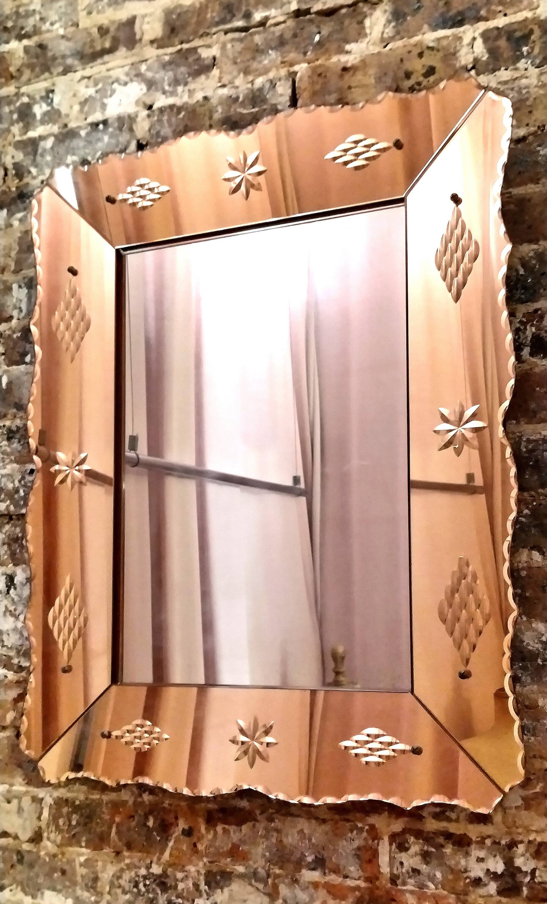 Vintage Venetian mirror with pink edge and engraved decorations from the 50s / 60s