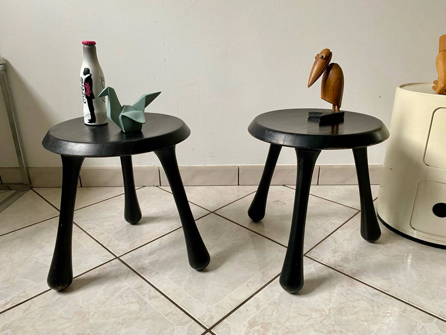 Pair of Ingvar Kamprad design tripod low stools, Habitat edition