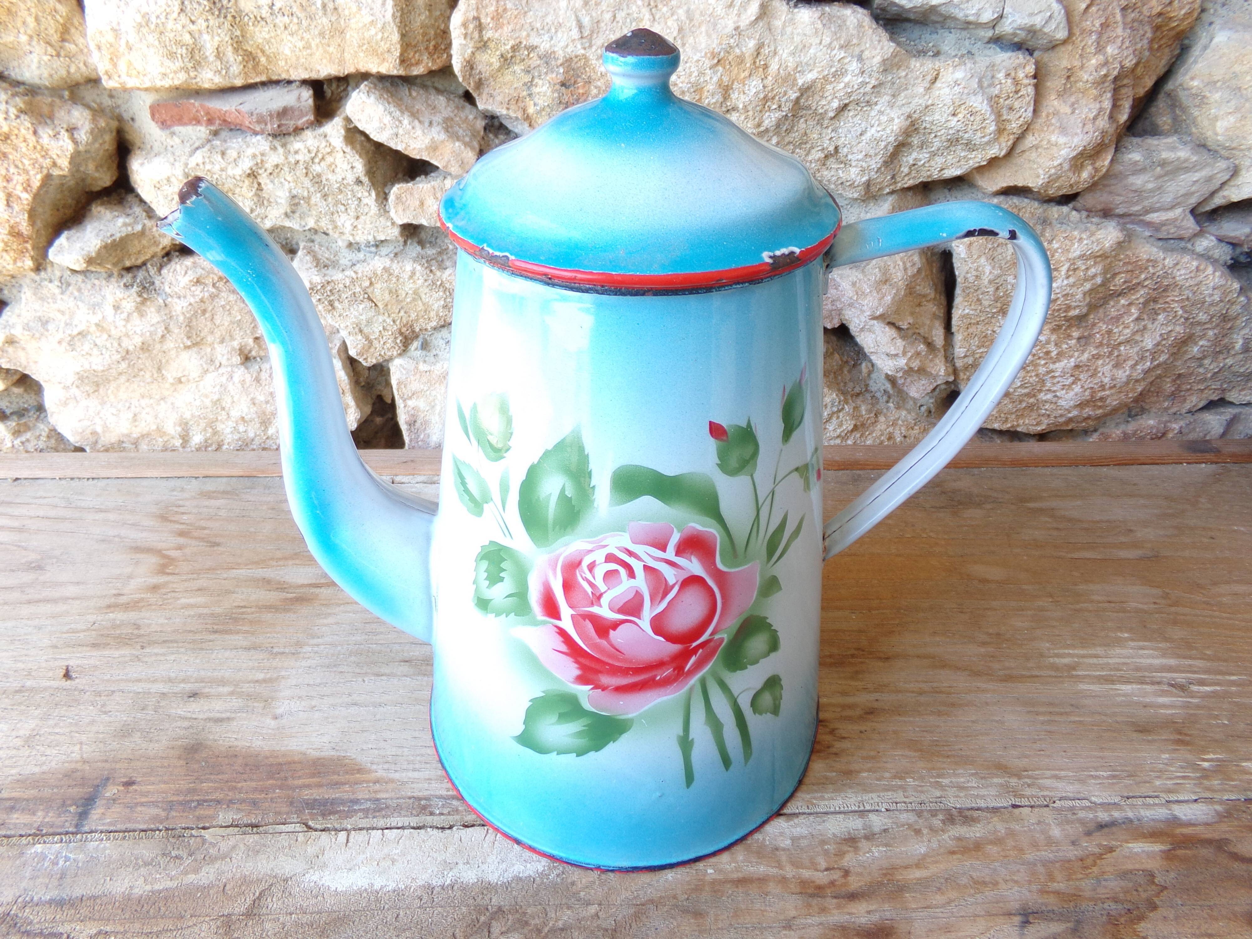 Ancienne cafetière émaillée décor fleurs