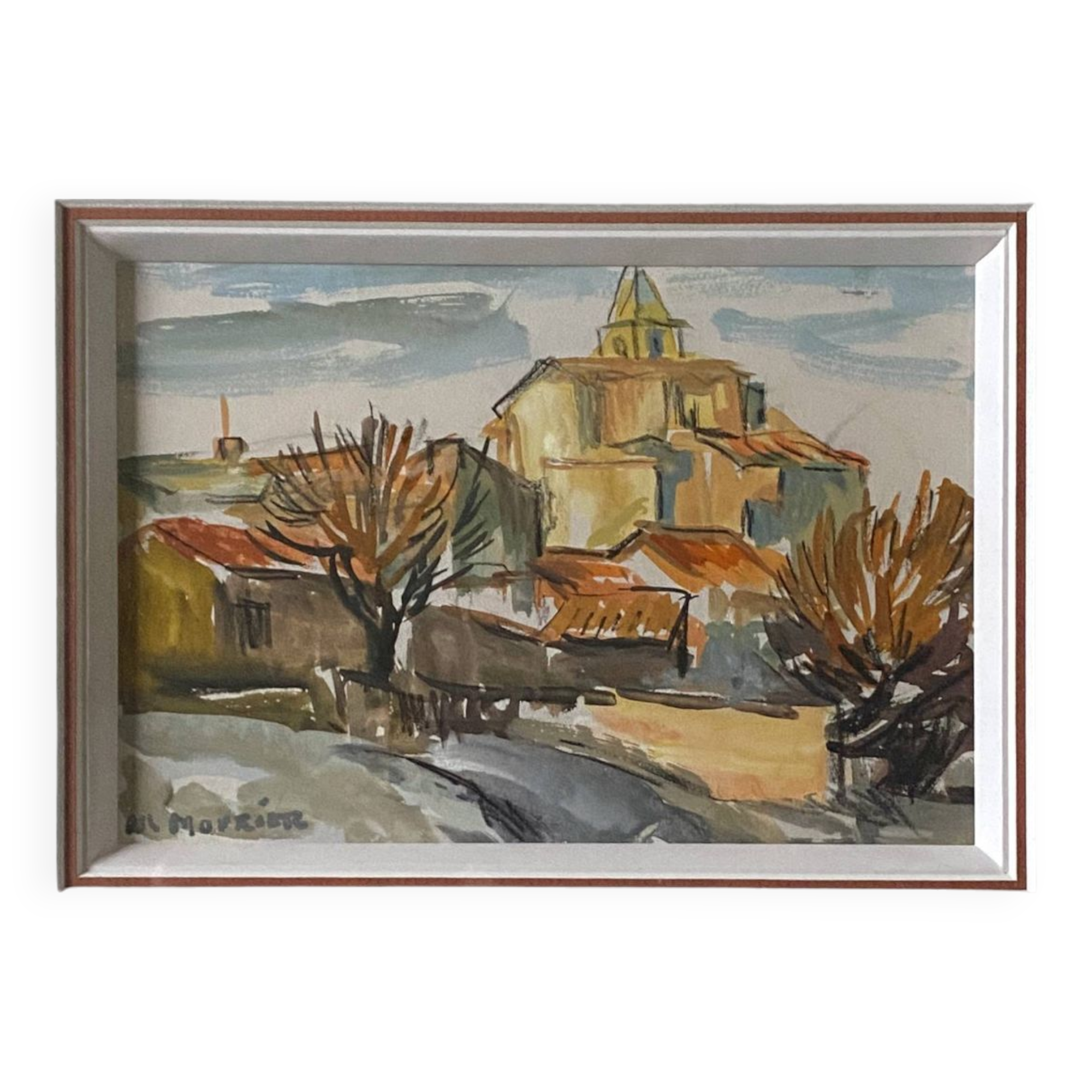 Watercolor Painting MOURIER Marguerite (1910-1987) "the village church" + frame