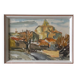 Watercolor Painting MOURIER Marguerite (1910-1987) "the village church" + frame