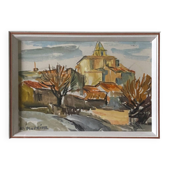 Aquarelle encadrée Mourier Marguerite "l'église du village"