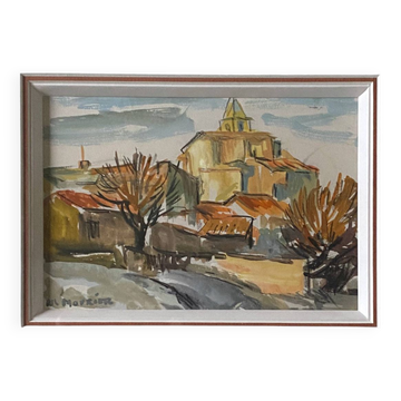 Watercolor Painting MOURIER Marguerite (1910-1987) "the village church" + frame