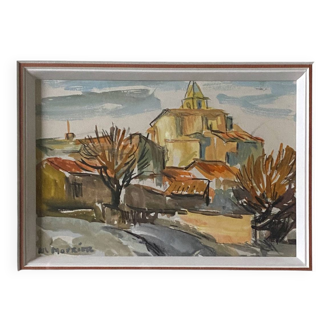 Watercolor Painting MOURIER Marguerite (1910-1987) "the village church" + frame