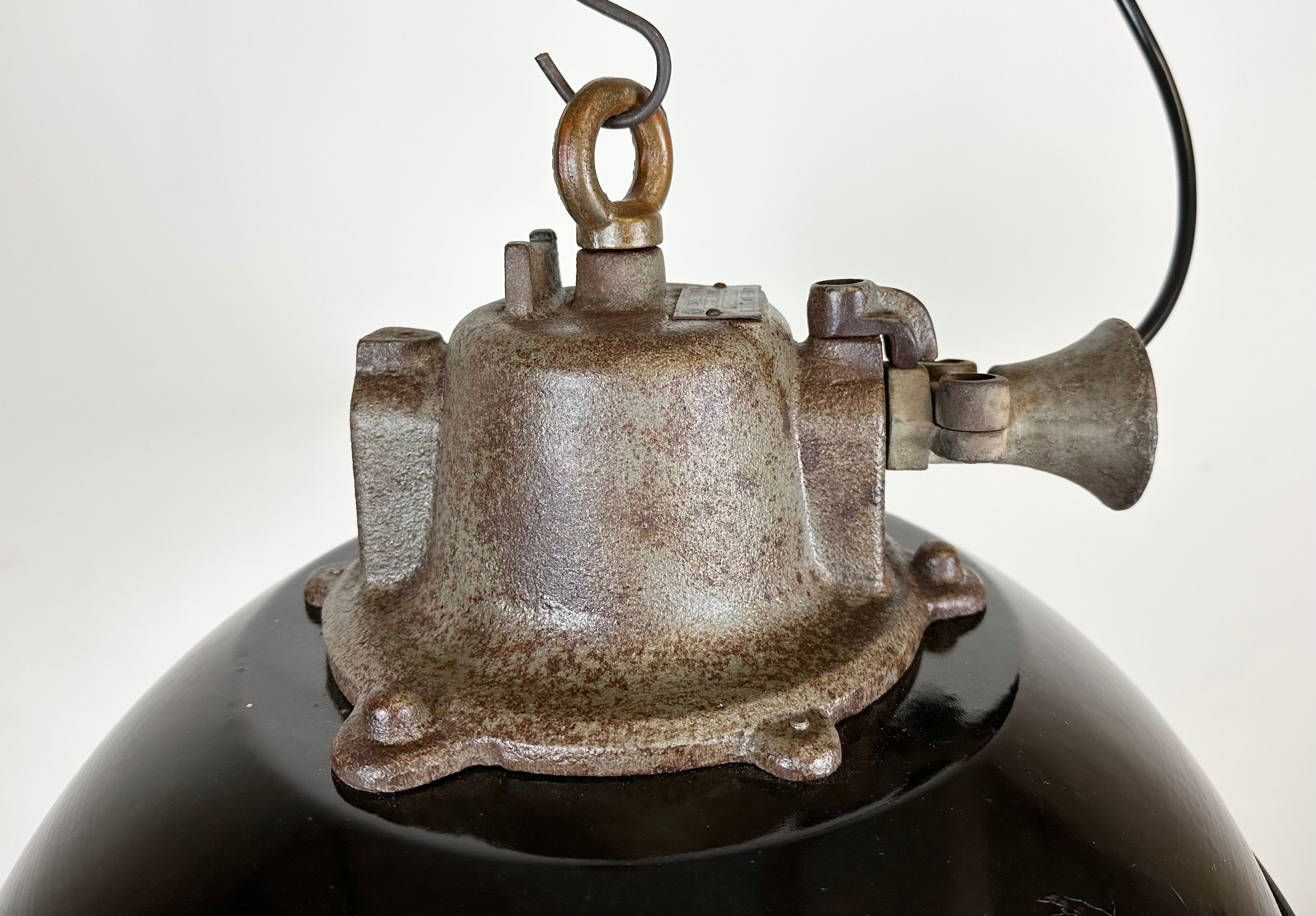 Black enamel and cast iron industrial cage pendant light, 1950s